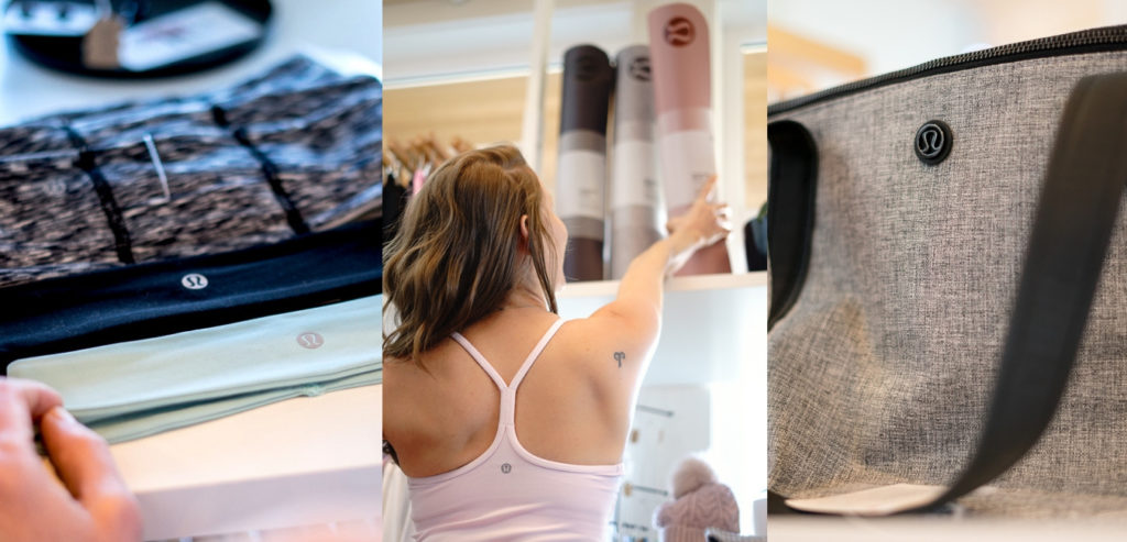 3 Images: headbands, Tash reaching for a mat, and a lululemon bag.